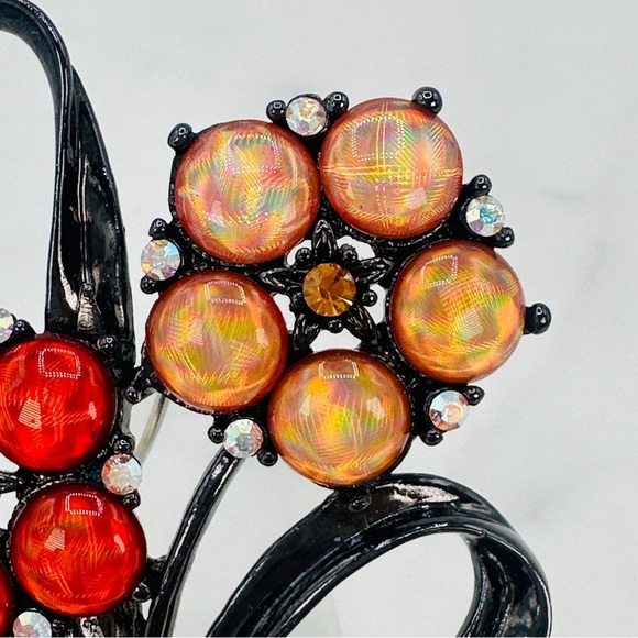 Retro Flower Brooch Pin with Red & Amber Holograph Gems Japanned Metal Statment - Picture 4 of 11